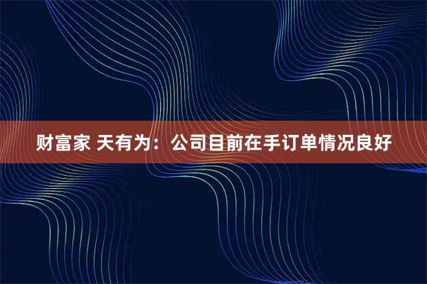 财富家 天有为：公司目前在手订单情况良好
