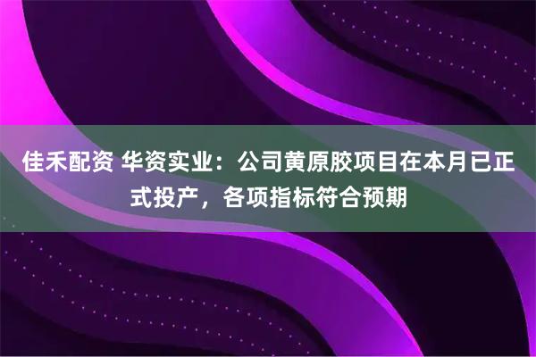 佳禾配资 华资实业：公司黄原胶项目在本月已正式投产，各项指标符合预期